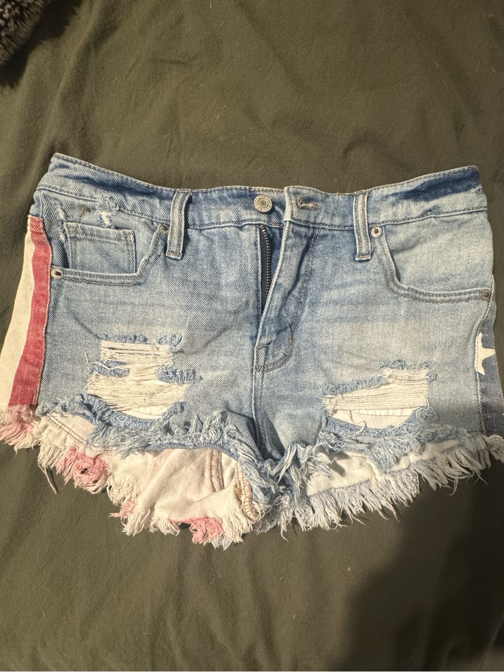 Distressed Light Blue Denim Shorts with Red, White & Blue Detail